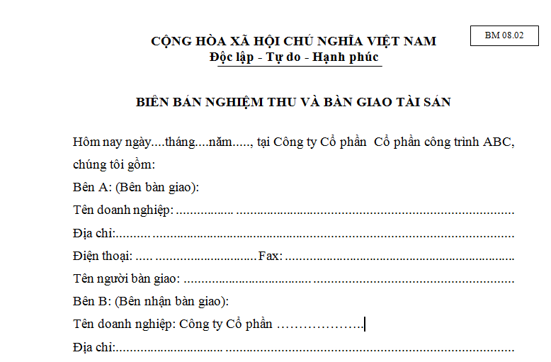 Mẫu biên bản nghiệm thu, bàn giao tài sản